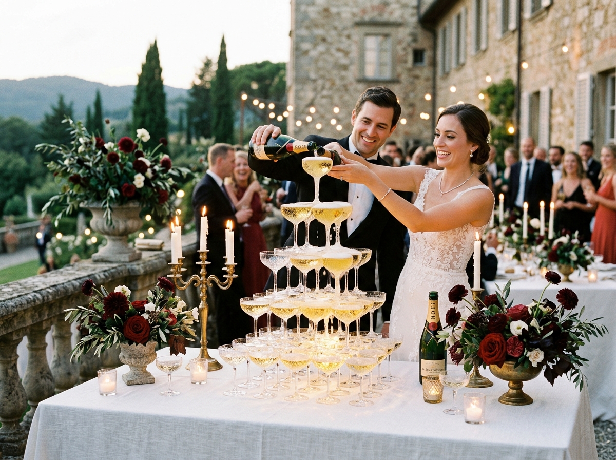 Champagne Tower Pour at Dusk